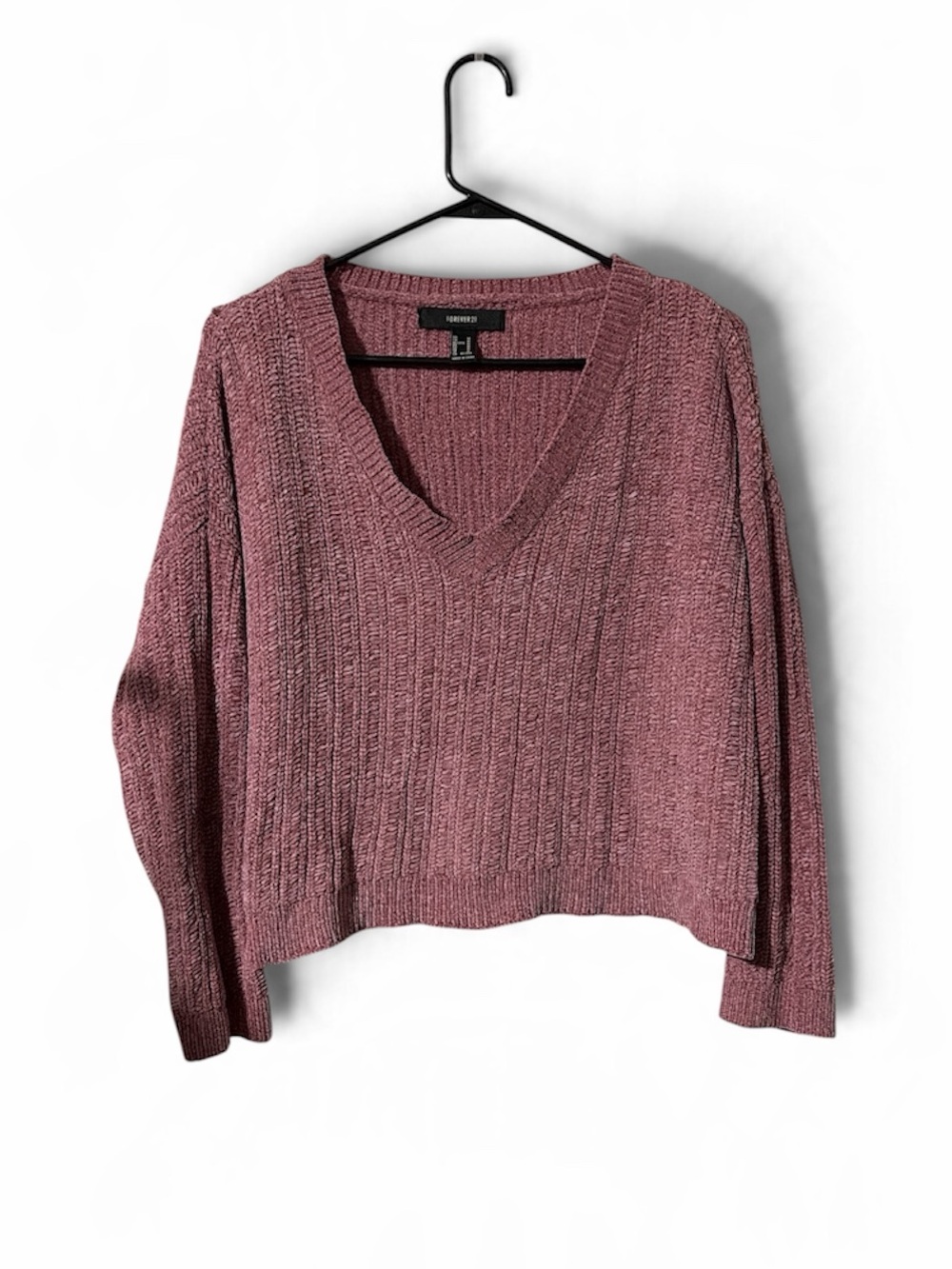 Forever 21 Rose Pink Chenille Knit V-Neck Cropped Pullover Sweater